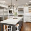 modern-double-pendant-lamp-with-large-square-kitchen-table-with-large-refrigerator-and-white-corner-kitchen-cabinets-design-for-remodeling-your-kitchen