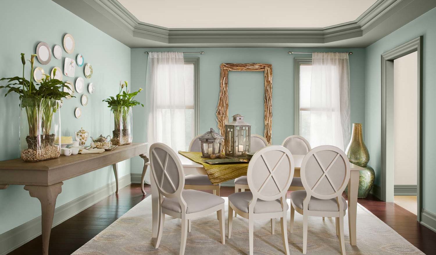 Exotic-cool-room-painting-ideas-with-white-interior-for-dining-chair-and-table-also-sky-blue-for-wall-interior